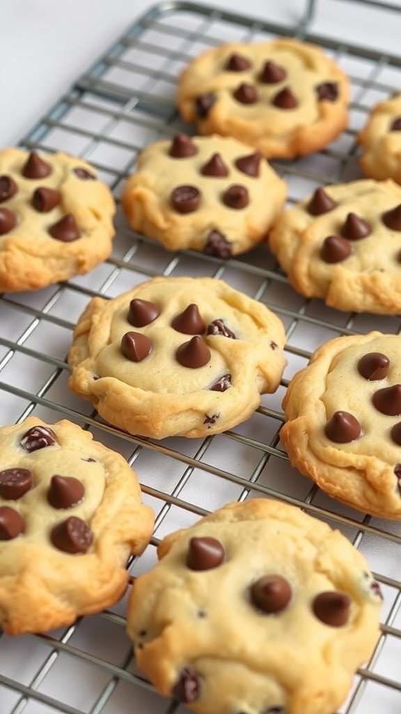 Chocolate chip puff pastry cookies on a cooling rack