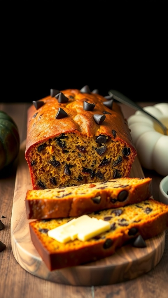 A loaf of chocolate chip pumpkin bread sliced with butter on top, resting on a wooden board.