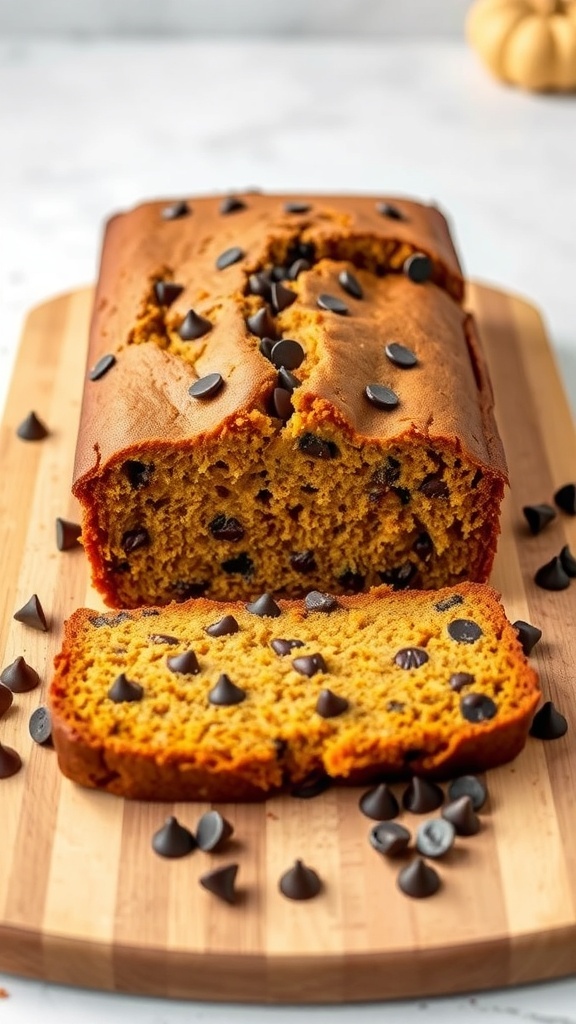 A loaf of chocolate chip pumpkin bread sliced on a wooden cutting board, with chocolate chips scattered around.