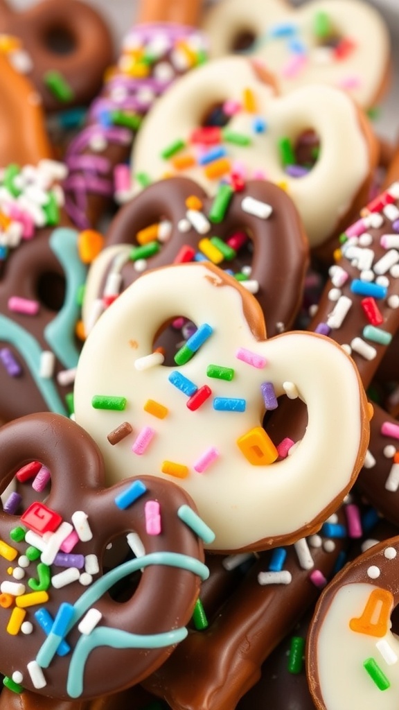 Chocolate covered pretzels with colorful sprinkles