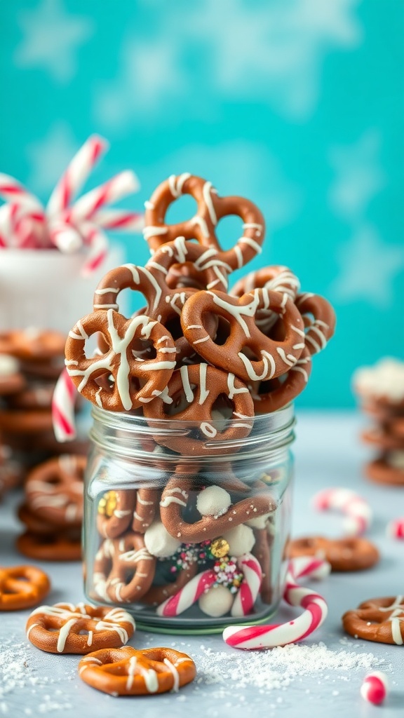 A jar filled with chocolate covered pretzels decorated with sprinkles and candy canes.