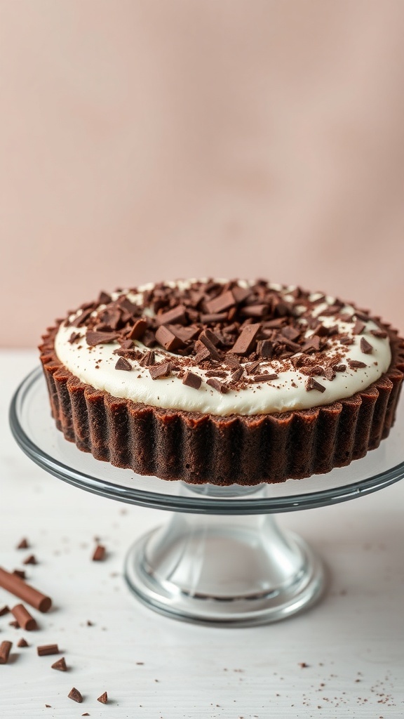 Chocolate cream pie topped with shaved chocolate on a glass cake stand.
