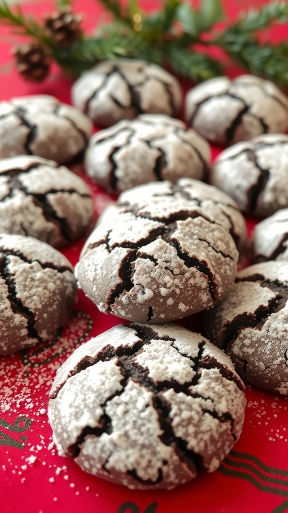Chocolate crinkle cookies dusted with powdered sugar, arranged on a festive red background with pine branches.