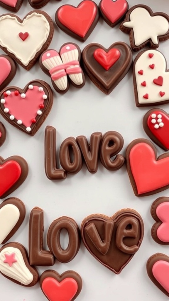 An assortment of decorated chocolate cut-out cookies in heart shapes for Valentine's Day.