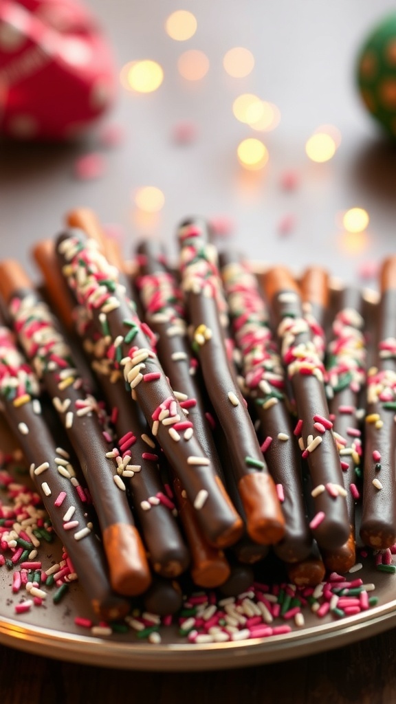 A plate of chocolate dipped pretzel rods decorated with colorful sprinkles.