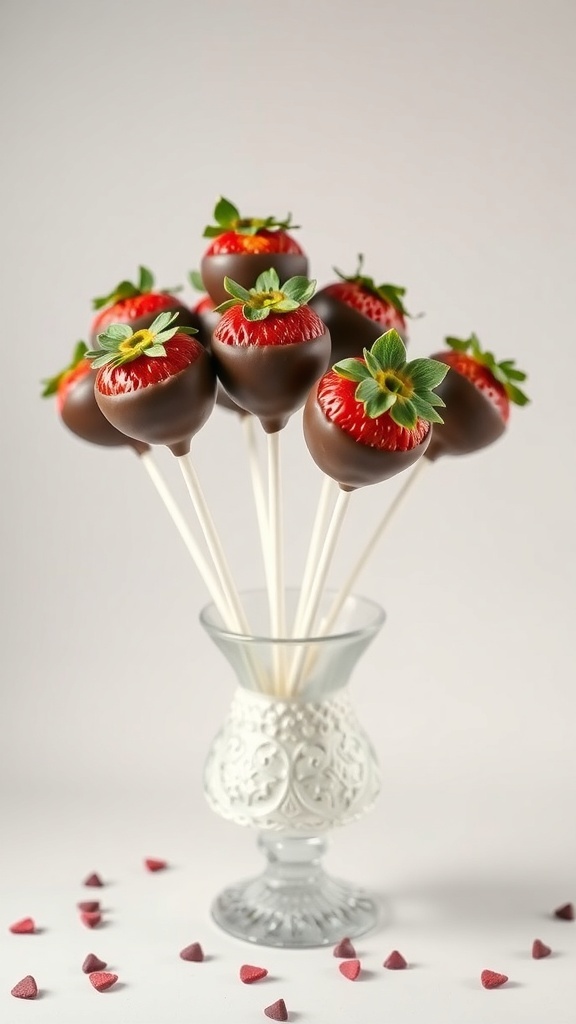 Chocolate dipped strawberries on sticks arranged in a decorative glass vase
