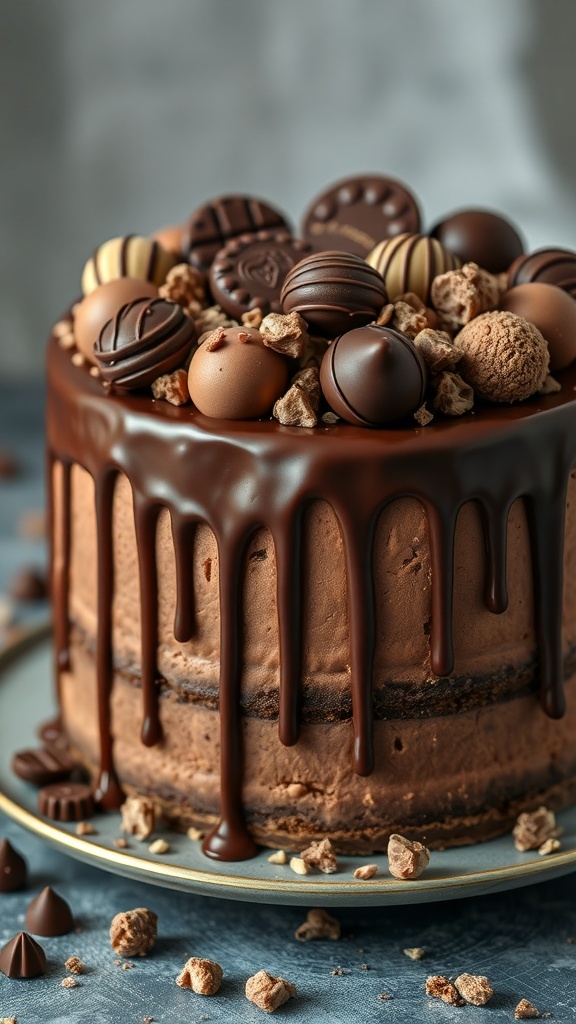 A beautifully decorated chocolate drip cake topped with assorted chocolates.