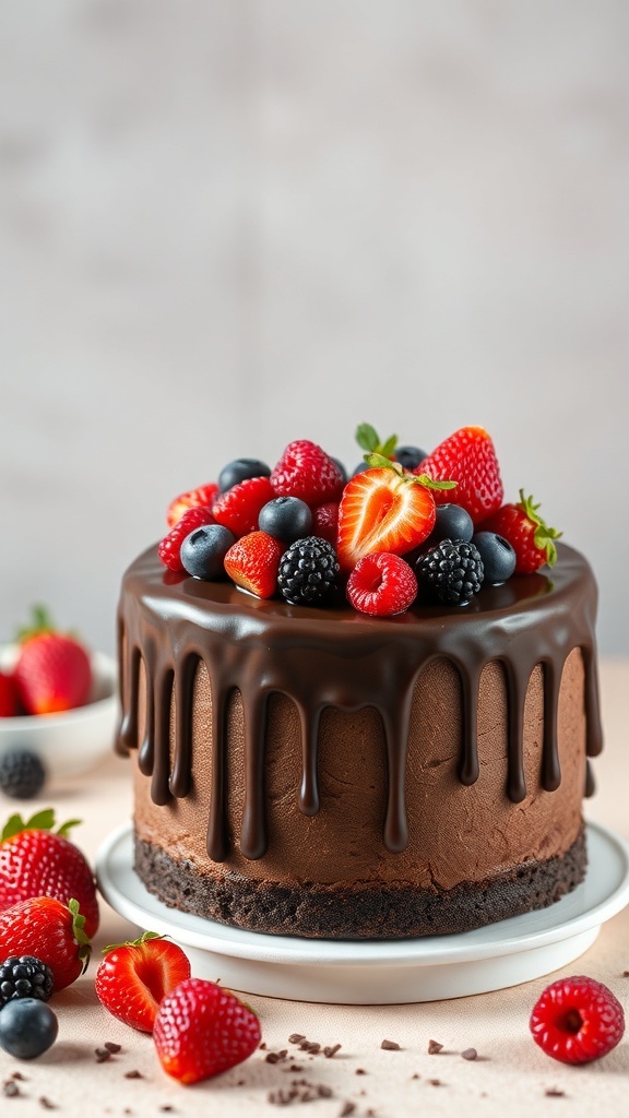 Chocolate drip cake topped with fresh berries