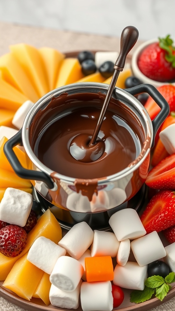 A bowl of chocolate fondue surrounded by fresh fruits and marshmallows, perfect for dipping.