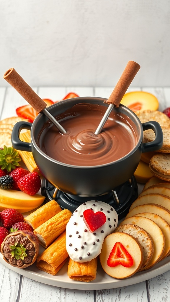 A pot of chocolate fondue surrounded by assorted dippers including fruits and cookies.