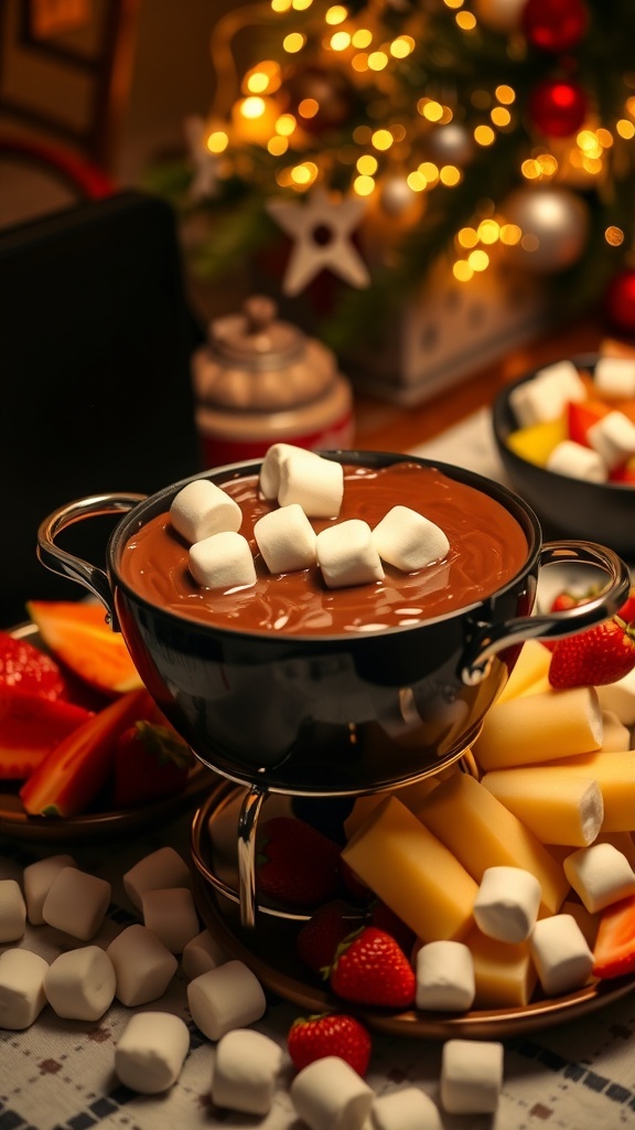 A pot of chocolate fondue surrounded by fresh fruits and marshmallows, perfect for a festive dessert.