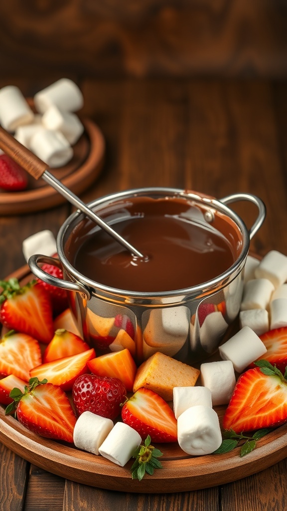 A pot of chocolate fondue surrounded by fresh strawberries, marshmallows, and cake cubes on a wooden platter.
