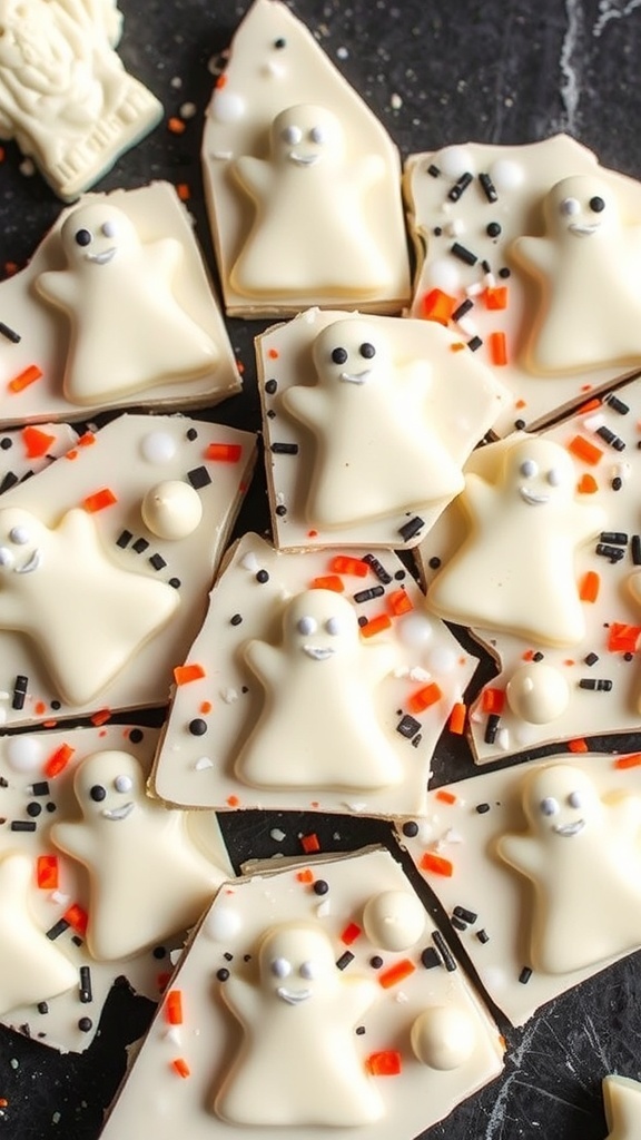 Chocolate Ghost Bark with white chocolate ghosts and colorful sprinkles