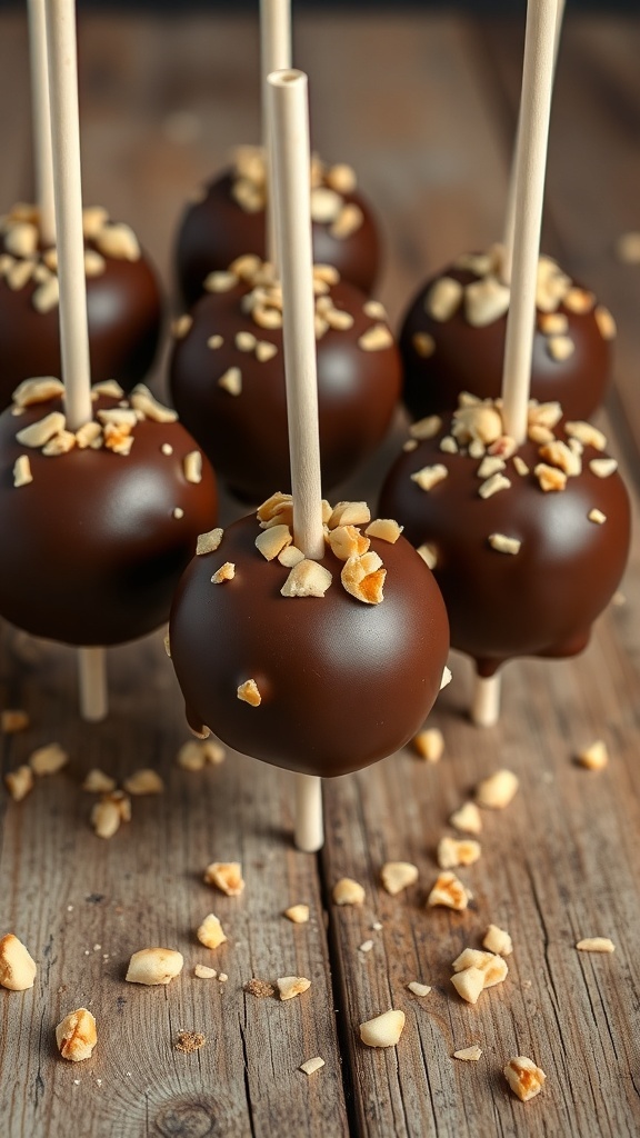 Chocolate hazelnut cake pops with chopped hazelnuts on top