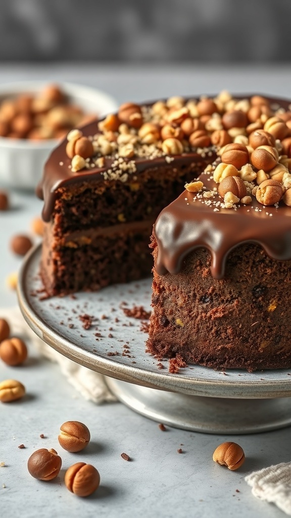 A delicious chocolate hazelnut cake topped with chocolate ganache and hazelnuts.