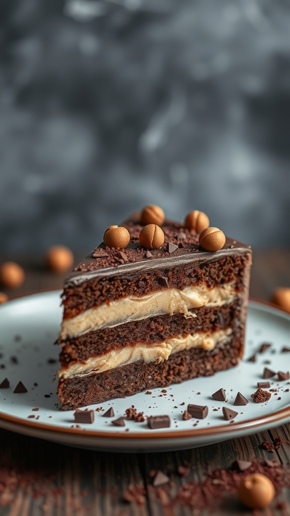 A slice of chocolate hazelnut cake with layers of chocolate and cream, topped with chocolate shavings and hazelnut candies.
