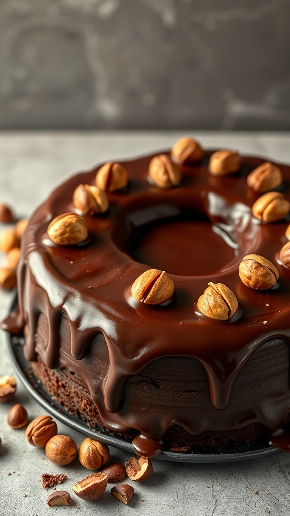 A rich chocolate hazelnut cake topped with glossy ganache and whole hazelnuts.