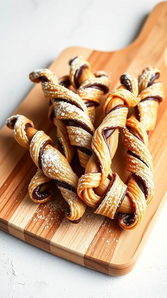 Chocolate hazelnut puff pastry twists on a wooden cutting board