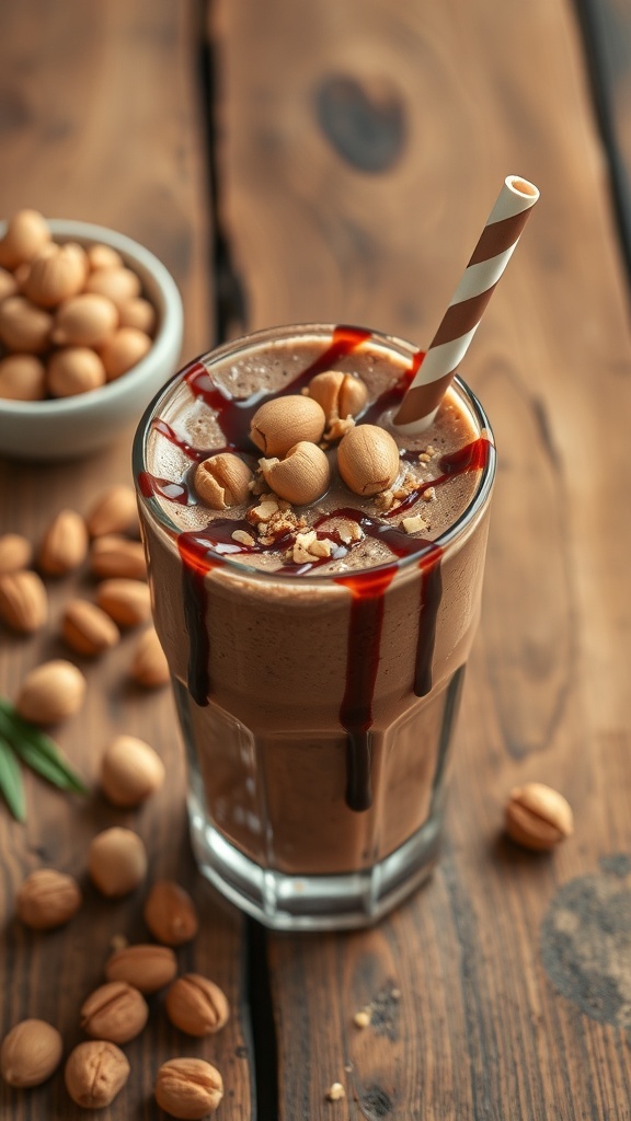 A chocolate hazelnut smoothie in a glass, topped with hazelnuts and chocolate syrup, with a striped straw.