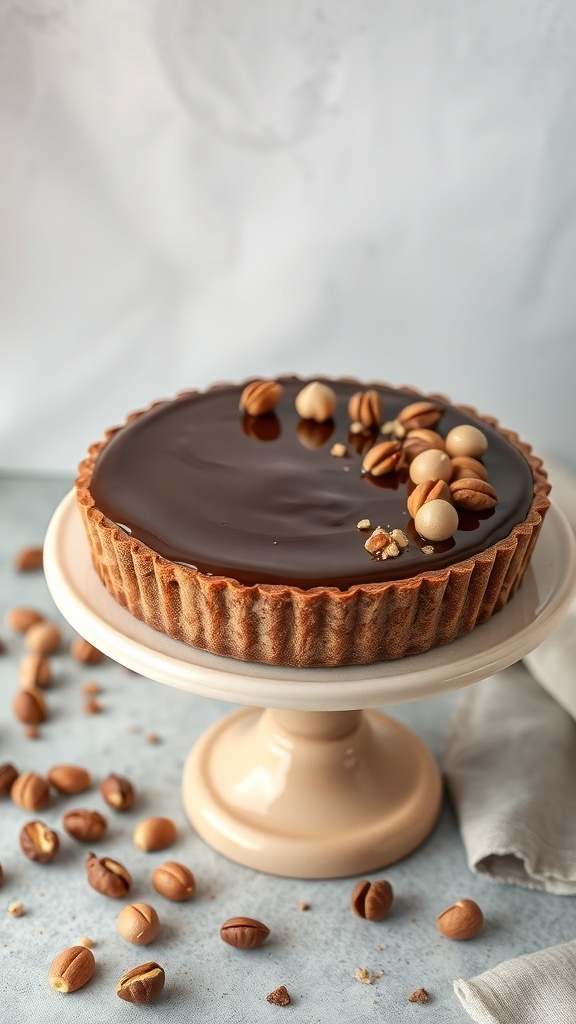 A Chocolate Hazelnut Tart on a cake stand, topped with chocolate ganache and hazelnuts, surrounded by scattered hazelnuts.