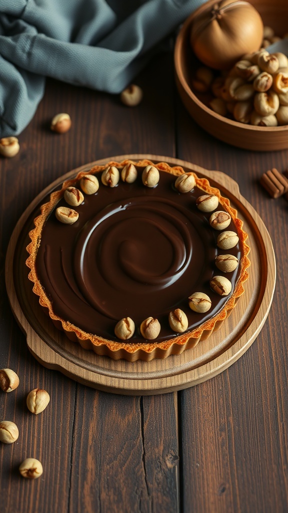A delicious chocolate hazelnut tart topped with whole hazelnuts, set on a wooden board.