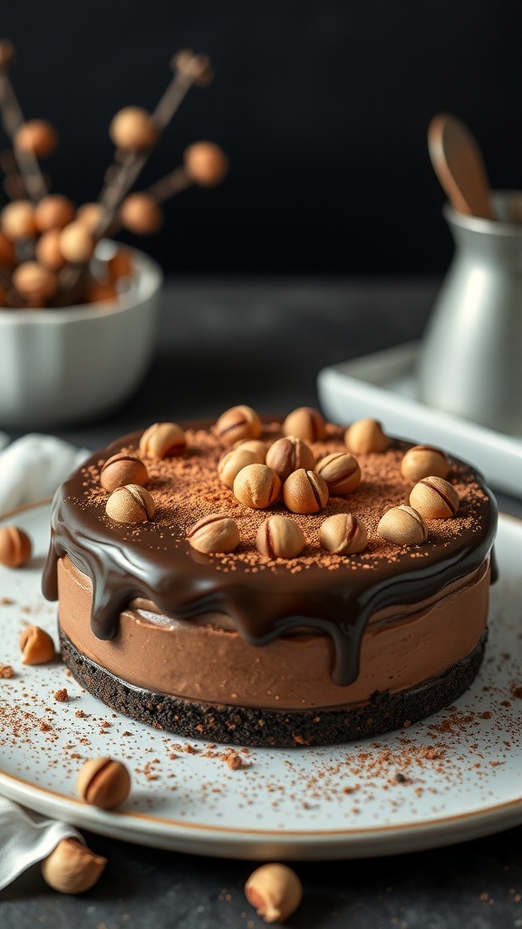 A rich Chocolate Hazelnut Torte topped with chocolate ganache and hazelnut candies, set on a white plate with a dark background.