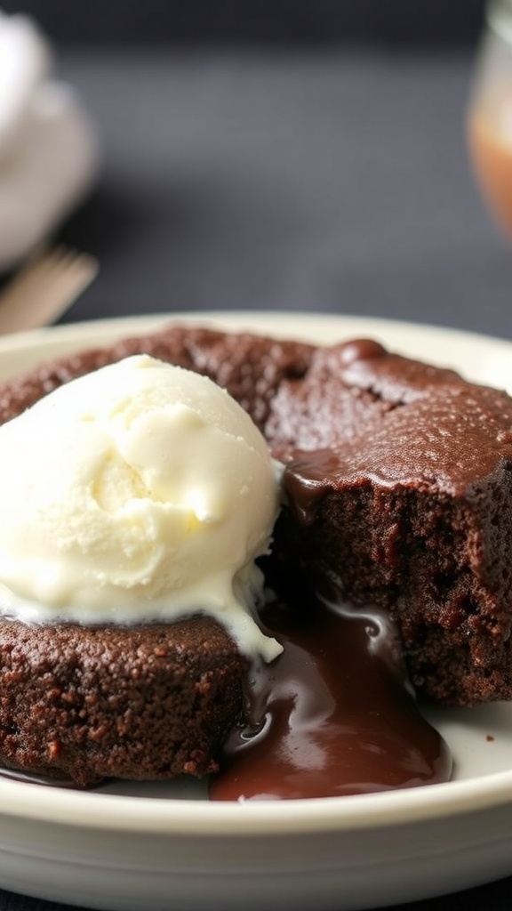 Chocolate lava cake with a melting center served with vanilla ice cream.