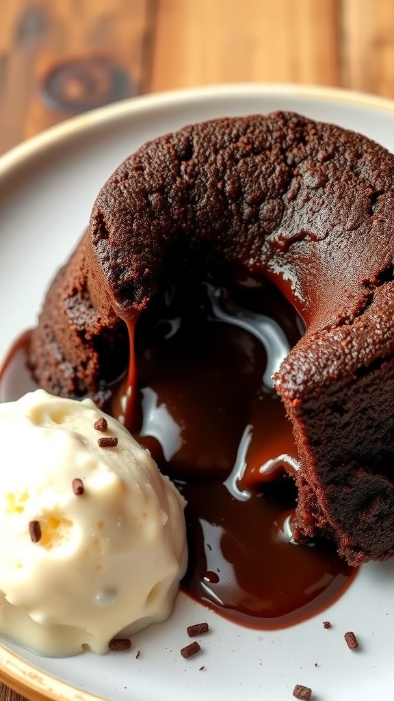 A delicious chocolate lava cake with a melting center served with vanilla ice cream.