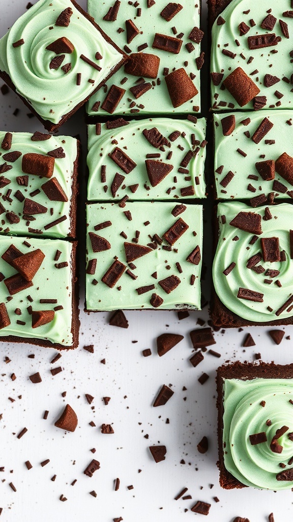 Chocolate mint brownies with green frosting and chocolate shavings on top