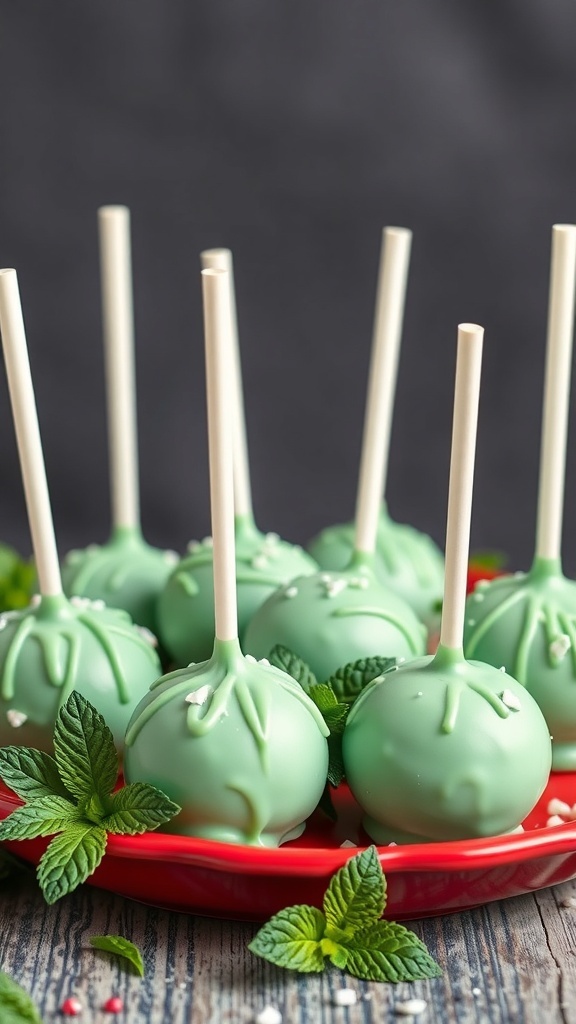 A plate of chocolate mint cake pops decorated with crushed peppermint and mint leaves.