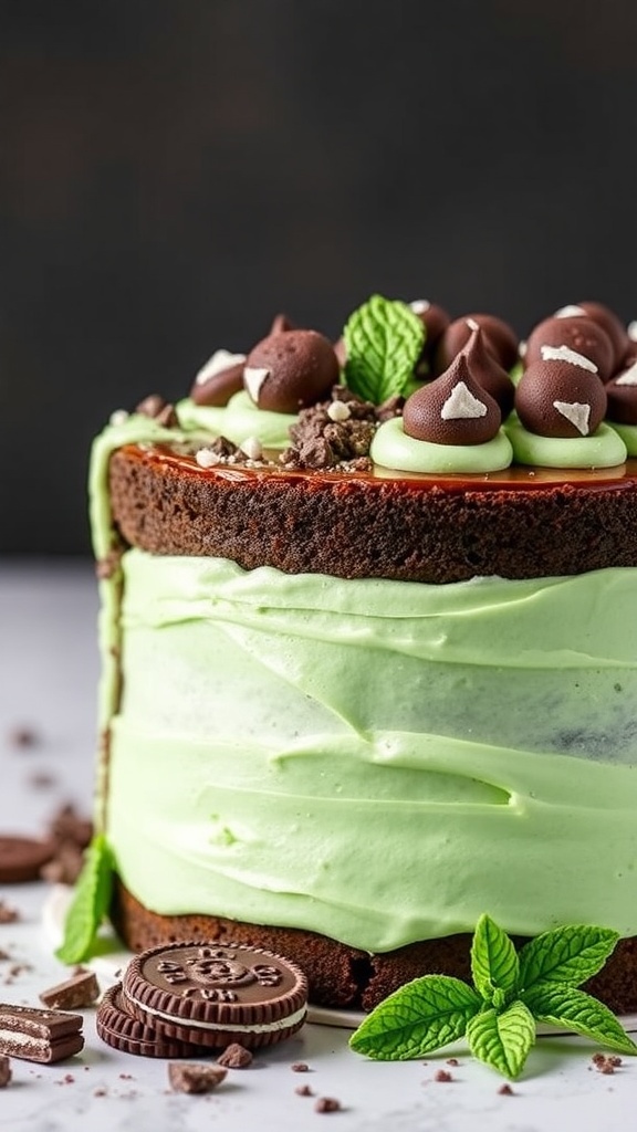 Chocolate Mint Cake with Andes Mints, featuring layers of chocolate cake and mint frosting, topped with Andes Mints and mint leaves.