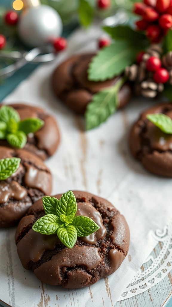 Chocolate mint cookies with a sprig of mint on top, arranged on a light background.