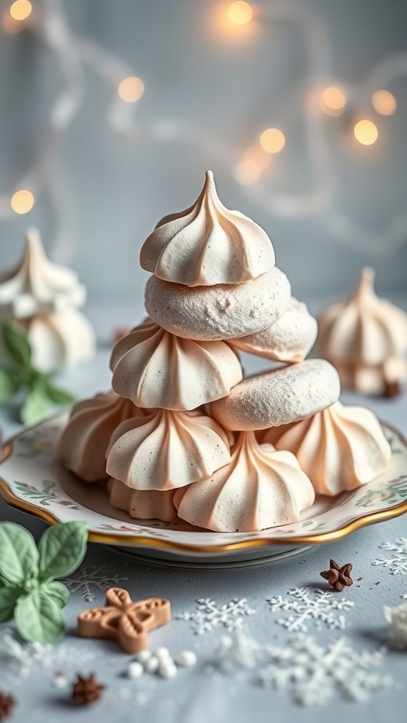 A stack of chocolate mint meringues on a decorative plate, with holiday lights in the background.