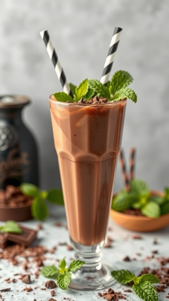 A delicious Chocolate Mint Mocktail served in a tall glass with mint leaves and chocolate shavings on top.