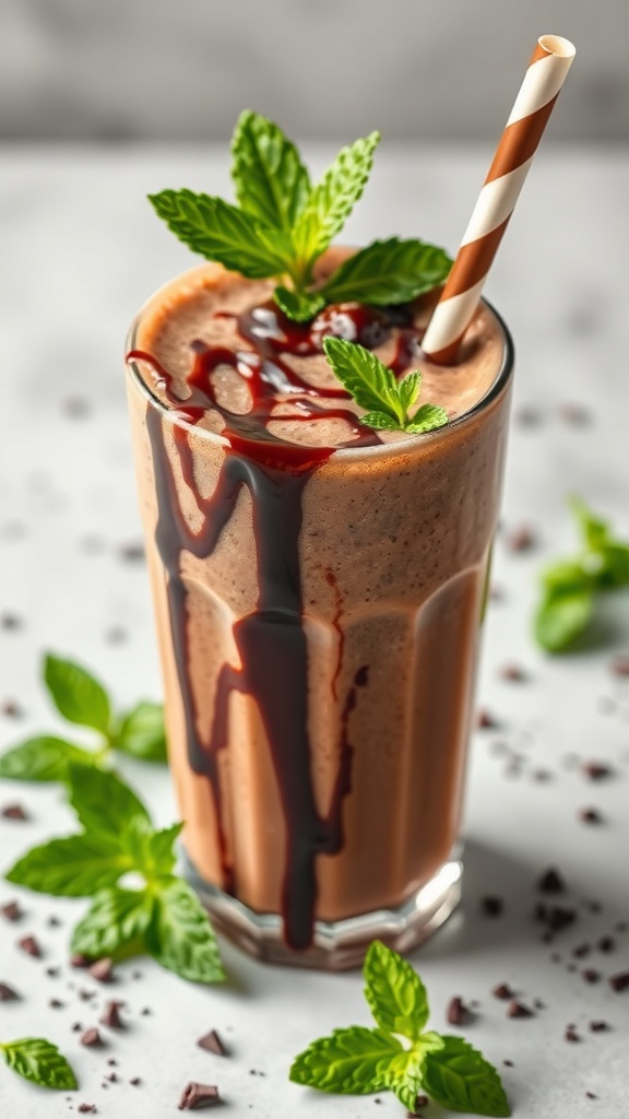 A chocolate mint smoothie in a tall glass, topped with mint leaves and chocolate syrup, surrounded by chocolate shavings and mint leaves.