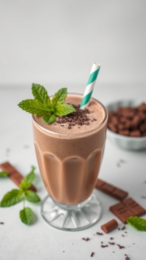A delicious chocolate mint smoothie in a glass, topped with mint leaves and chocolate shavings, with chocolate pieces in the background.