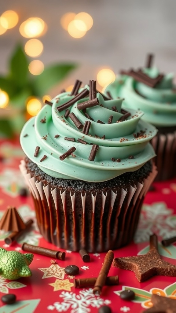 Chocolate mint swirl cupcakes with mint frosting and chocolate sprinkles