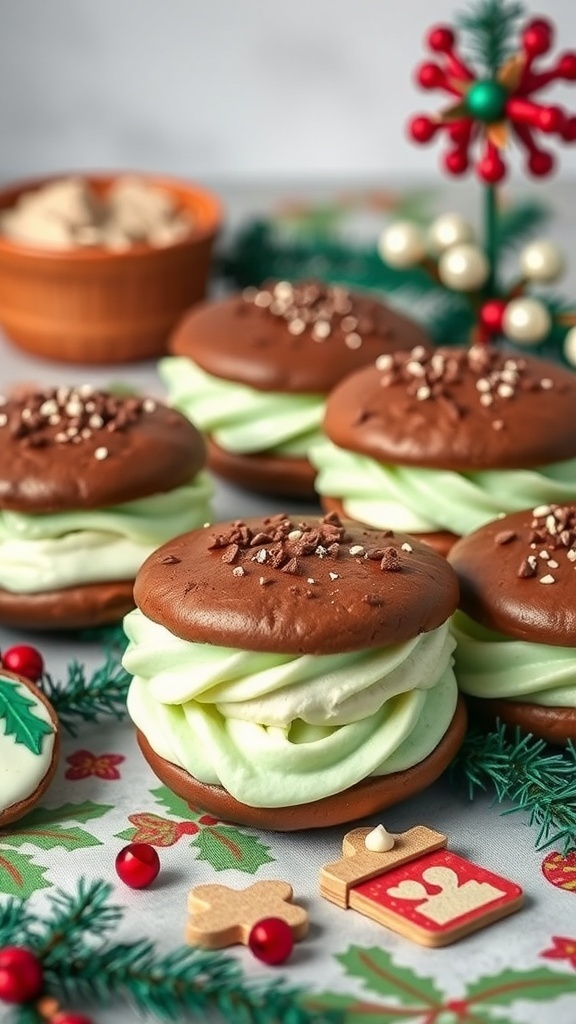 Chocolate Mint Whoopie Pies with festive decorations
