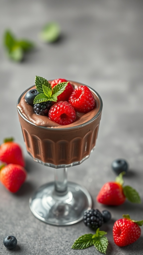A glass of chocolate mousse topped with fresh berries and mint leaves.