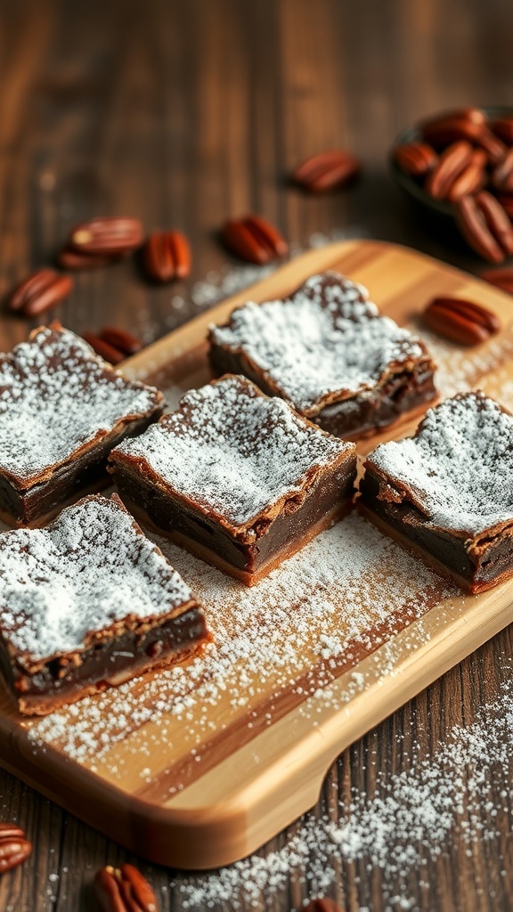Chocolate pecan pie bars on a wooden board, garnished with powdered sugar and surrounded by pecans.