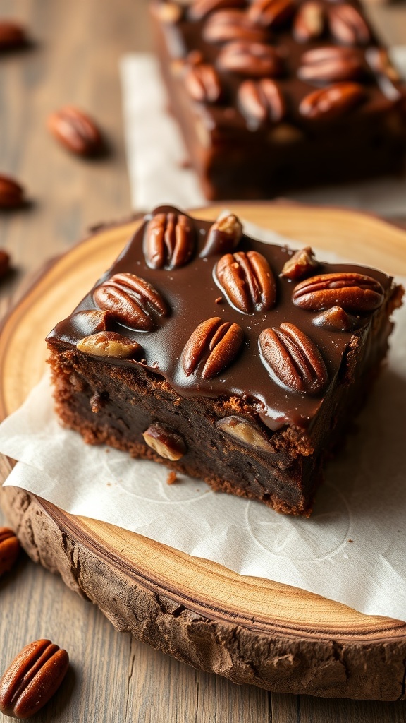 Chocolate pecan pie brownies topped with pecans on a wooden plate.