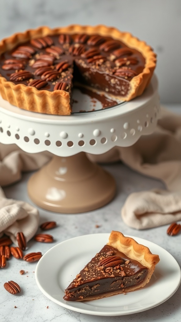 A delicious chocolate pecan pie on a cake stand, with a slice served on a plate.