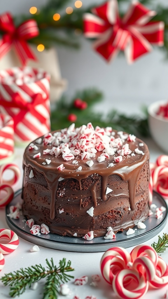 A festive chocolate peppermint cake decorated with chocolate ganache and crushed peppermint candies, surrounded by candy canes and holiday decorations.