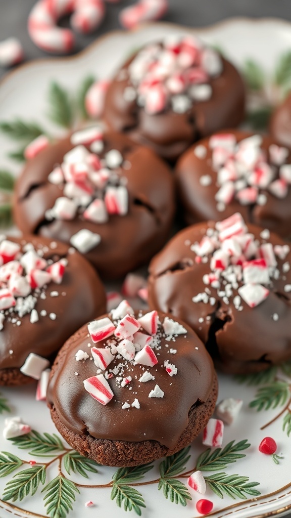 Chocolate peppermint cookies topped with crushed peppermint on a decorative plate