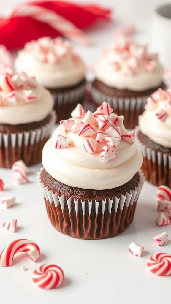 Chocolate peppermint cupcakes topped with white frosting and crushed peppermint candies