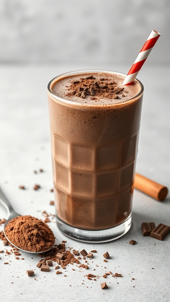 A chocolate protein smoothie in a glass with a red and white straw, surrounded by chocolate powder and chunks.