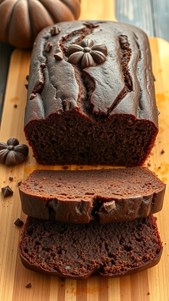 A loaf of chocolate pumpkin bread sliced on a wooden board, with decorative chocolate pumpkins on top.