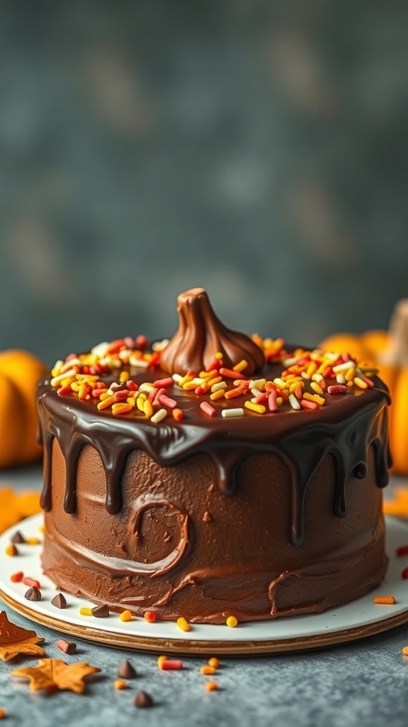 A chocolate pumpkin cake topped with chocolate ganache and colorful sprinkles, perfect for Thanksgiving.