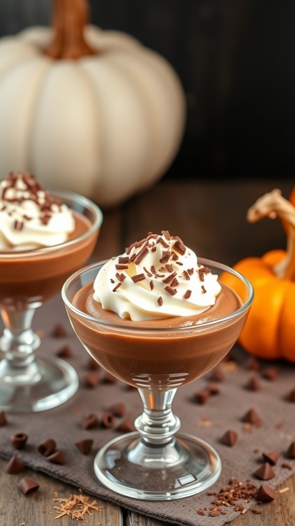 Chocolate pumpkin mousse served in elegant glasses, topped with whipped cream and chocolate shavings.