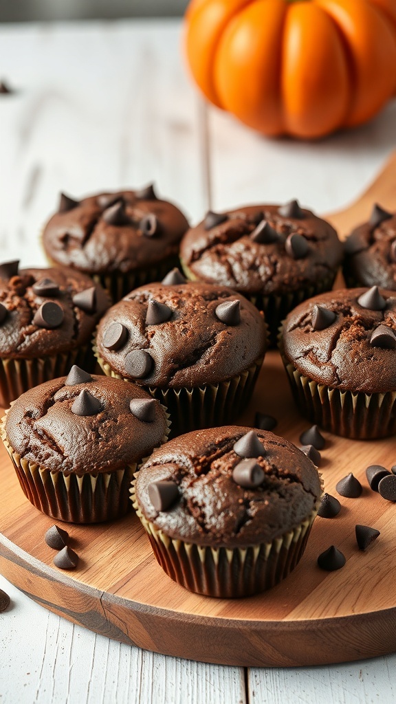 A plate of chocolate pumpkin muffins with chocolate chips on top, next to a small pumpkin.